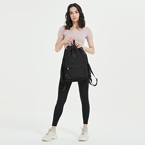 WANDF Rucksack mit Kordelzug, Sporttasche mit Schuhfach, wasserabweisender String-Rucksack Cinch für Damen Herren (Groß,Schwarz)