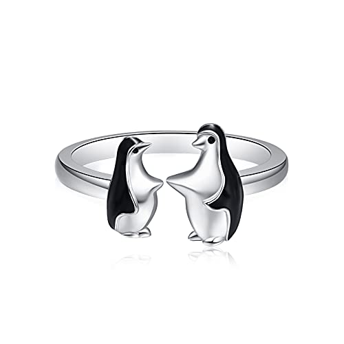 Anillo de pingüino/jirafa plata de ley 925 lindo animal grabado pingüino ajustable anillo abierto para mamá regalos pingüino regalos, Plata de ley Cover