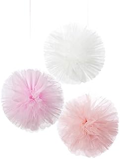 Talking Tables We Heart Pink Tulle Hanging Pom Decorations  Pack of 3, Fabric, Multicolour, 25x25x25 cm