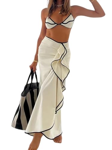 SHENHE Women's String Bikini Set 3 Piece Triangle Halter Colorblock Swimsuits with Cover Up Skirt