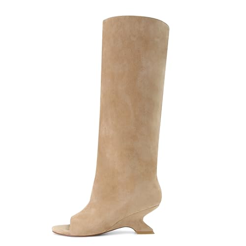 MAIJED Peep Toe Knee High Boots for Women Suede Pull On Wedge Heel Long Tall Boots Fashion High Heel Dress Booties Suede Beige Size US8