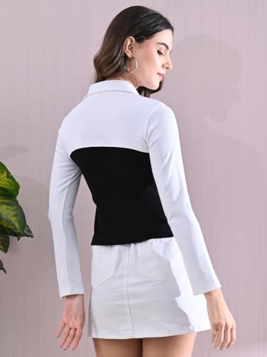 Image of Ribbed Two-Tone Collared Cotton Top for Women - Black & White