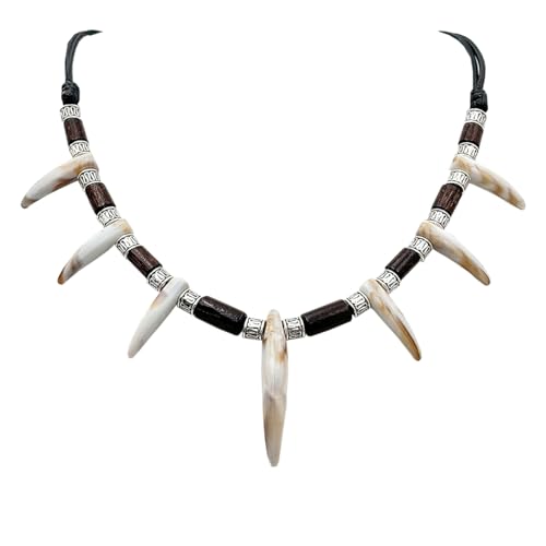 Wolf Wood Beads Tooth Necklace for Men Women Tribal Caveman Adjustable Resin Tooth Pendant Necklace