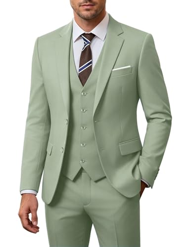 Image of Men's 3 Piece Slim Fit Suit Set, Two Button Blazer Solid Jacket Vest Pants Wedding Business Suit