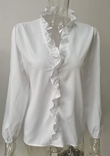 BOFETA Womens Long Lantern Sleeve Blouse Tops V Neck Shirts Turn Down Collar Lightweight Loose Blouses2