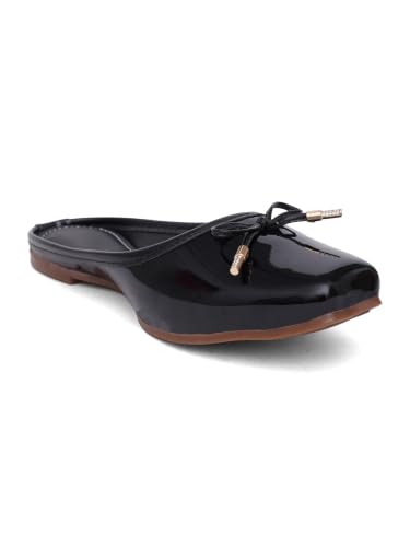 Image of TRYME Elegant Women's Glossy Patent Slip-On Mules with Bow Detail | Comfortable Flat Sandals for Office, Casual & Daily Wear