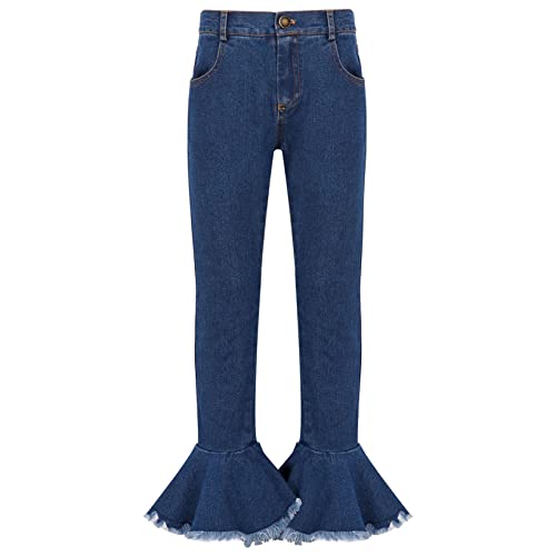 JanJean Kids Girls Stretchy Slim Fit Bell Bottom Denim Pants Frill Ruffle Hem Legging Pants Casual Flared Jeans Trousers