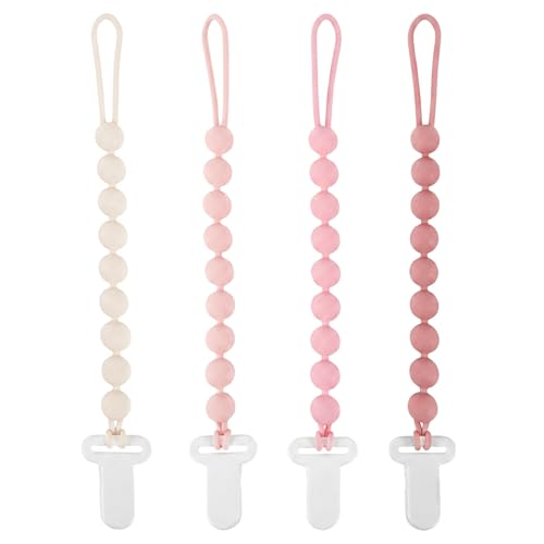 Image of MINMUNJIU Pacifier Clips Baby Girl, 4 Pack One Piece Flexible Soft Binky Clips Silicone Pacifier Holder Clip for Girls, Baby Girl Newborn Essentials