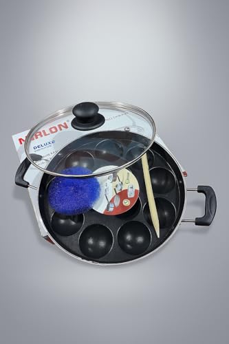 Non-Stick Appam Patra Pan with Lid and Cleaning Brush, 12 Cavities, Black