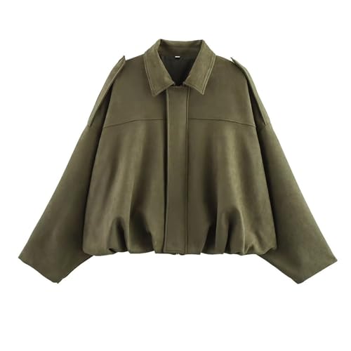 Vinuwu Bomberjacke Damen Wildlederjacke Kurz übergangsjacke Bomberjacke mit Zip Tasche Streetwear Winterjacke für Herbst Übergangszeit (DE/NL/SE/PL, Alphanumerisch, S, Regular, Regular, Grün)