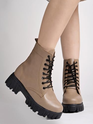 Image of Shoetopia Women's Combat Boots - Chunky Platform Lace-Up || Ankle Boots with Lug Sole Leather Fashion Boots for Fall & Winter