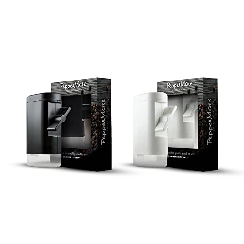 Pepper, Peppercorn & Salt Grinder-Mill Set by PepperMate - Easy-To-Fill, Gourmet, Ceramic Refillable Hand-Operated w/Measuring Cup, Precision Grind for Coarse or Fine Grinding (Black and White)