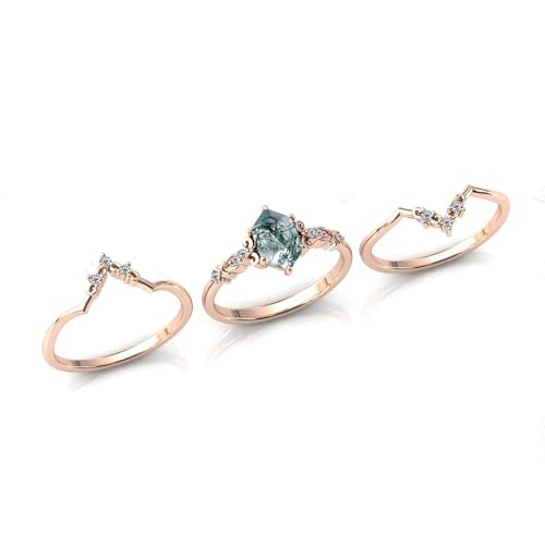 Natural Moss Agate Engagement Ring Set 925 Sterling Silver Rings for Her with Free Engraving Jewelry Gift for Women Moss Agate Vintage Ring Set-83