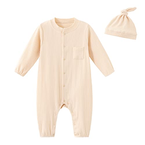 Image of Baby One Piece Outfit Ribbed Onesie Long Sleeve Romper for 3-6 Months Children Khaki Jumpsuit Long
