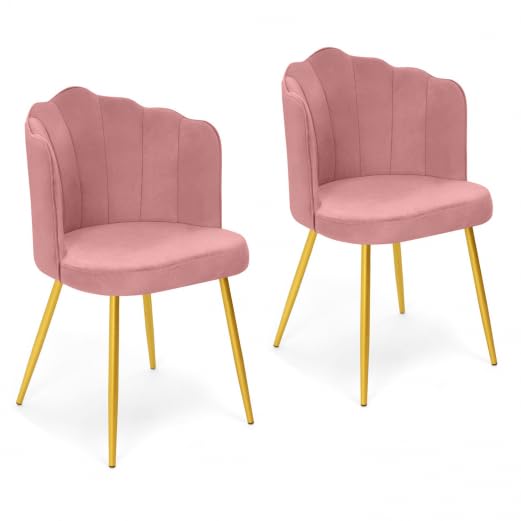 IDMarket – Juego de 2 sillas de concha Adella rosa de terciopelo con patas doradas