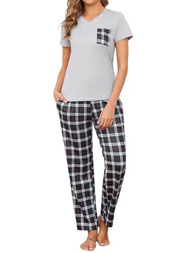 Crewhpo Pijama Mujer Algodón Manga Corta Conjunto de Pijamas 2 Piezas de Camiseta y Largo Pantalones a Cuadros Ropa de Dormir