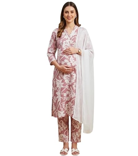 Image of DUMMY SHAPE Maternity Dresses for Women Cotton | Floral Kurta Pant Dupatta Set with Nursing Zippers, Side Pocket | Pre & Post Pregnancy | Feeding Kurti Suit | Baby Shower | Gifts for Pregnant Woman