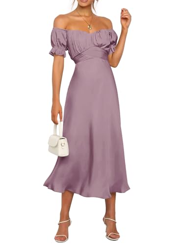 Image of KIRUNDO Women's Satin Summer Wedding Guest Cocktail Dress | 2026 Spring Fall Party Midi Dress, Silky, Elegant Off Shoulder Short Sleeve, Ruffle Mermaid Hem, Wrap Prom Formal Outfits