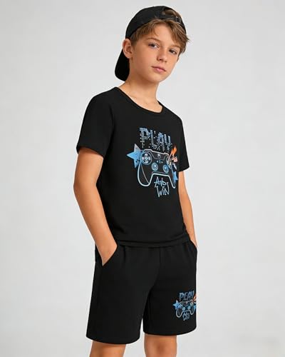 Image of Cakaner Tween Boys Summer Clothes 2 Piece Short Sleeve Graphic T-Shirt and Shorts Casual Outfit Set Size 7-14