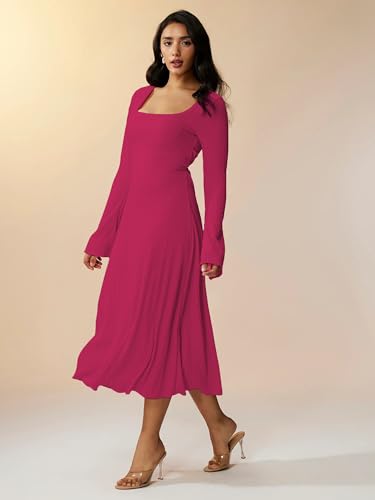 Image of Shasmi Women's Square Neck A-Line Dress - Long Sleeve, Tie Waist, Knitted Stretchable, Casual & Office Outfit, Solid Winter Midi Dress for Women (Dress 221)