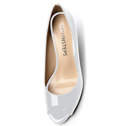 MOVINSTEPS Womens Party Slip On Patent Peep Toe Sexy Block High Heel Pumps Shoes 3.3 Inch3