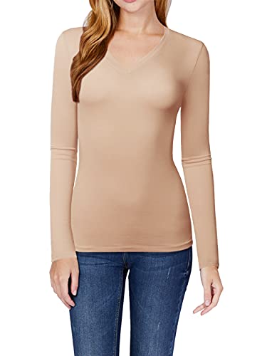 Starjj Womens Basic Active Slim Fit V-Neck Long Sleeve T-Shirt Top (S-2Xl) Khaki S #TOP3