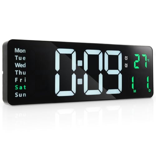 Reloj LED digital de pared con 16 luces LED con visualización de temperatura, fecha y semana, control remoto, atenuación automática, 10 niveles de brillo para el hogar y la oficina
