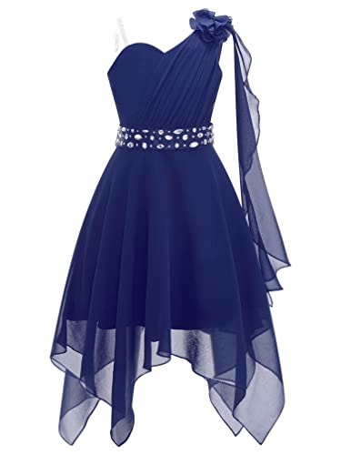 Agoky Enfant Fille Princesse Robe Asymétrique Robe Une Epaule Fleur Robe de Soirée Cocktail Mariage Cérémonie Robe Costume Demoiselle d'honneur 5-16 Ans Bleu Marine 9-10 Ans Cover