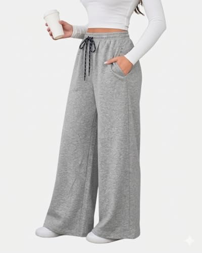 Image of Women's Wide Leg Track Pants with Elastic Waist & Drawstring | Soft Breathable Relaxed Fit Trousers | Casual Lounge Travel Wear for Women & Girls
