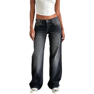 Damen Baggy Jeans Y2K Low Rise Wide Leg Jeans Boyfriend Jeans für Frauen Casual Baggy Hose mit Tasche