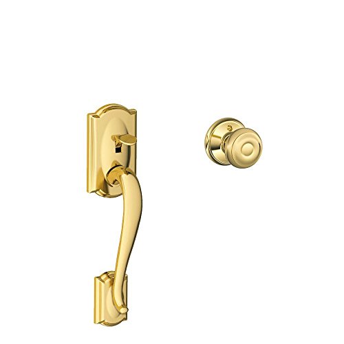 Image of Schlage FE285 CAM 505 GEO 605 Camelot Front Entry Handleset with Georgian Knob, Lower Half Grip, Bright Brass