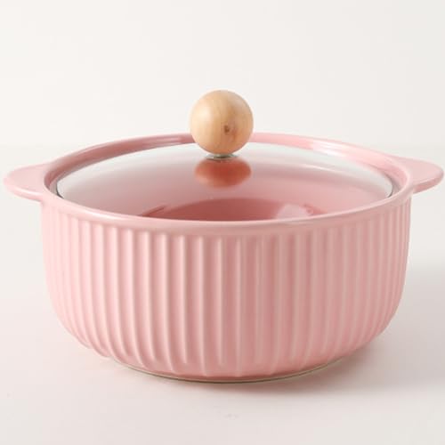Hgjgwqh Ceramic Soup Tureen with Lid, Large Capacity Porcelain Soup Bowl 800ML Round Double-Ear Covered Tureen Classic Serving Bowl for Soups for Restaurant Home Kitchen Decoration,Pink