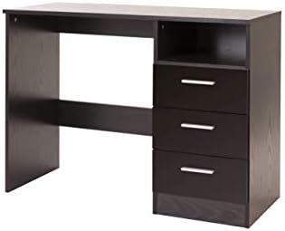 Aspire Home Modern Three Study Desk with Gloss Drawer Fronts, Oak, Black, 95 x 68.5 x 39.5 cm