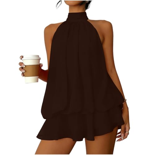 TPSKVT Womens Dress 2026 Neck Double Layered Mini Dress Lightweight Solid Color Flowy Beach Dresses for Holiday Fashion