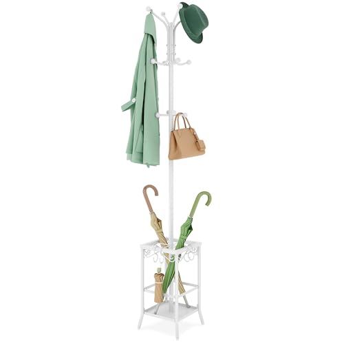 Hoctieon porte manteau sur pieds, portemanteau arbre avec porte-parapluies, portemanteaus métallique avec 12 crochets sur pied, porte-parapluies pour...
