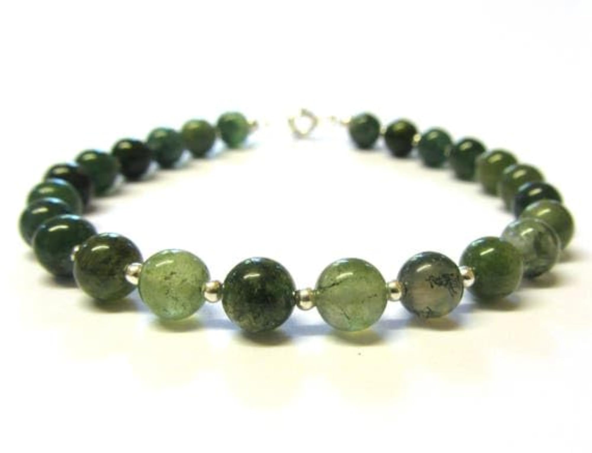 Green Moss Agate Round Beaded Bracelet, Adjustable Silver Lock