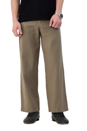Image of SNITCH Men Casual Wear Trousers| Regular Fit Mid Rise Solid Wide-Leg Pants | 100% Linen Breathable & Lightweight Fabric for Summer, Office & Outings