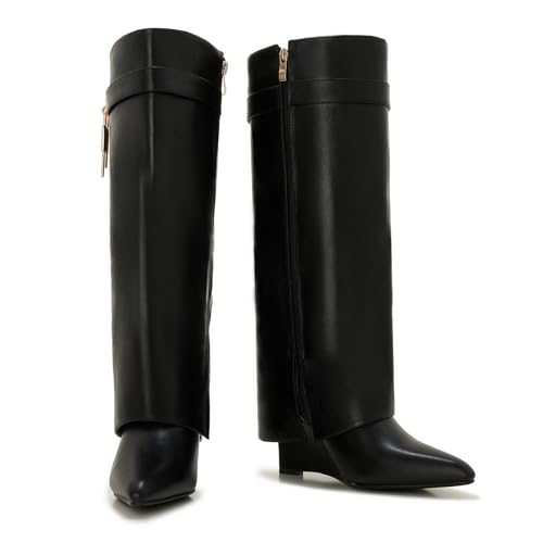Women's Wide Calf Shark Boots - Fold Over Knee High Leather Boots with Side Zipper and Lock Buckle, Low Wedge Heel Winter Style3