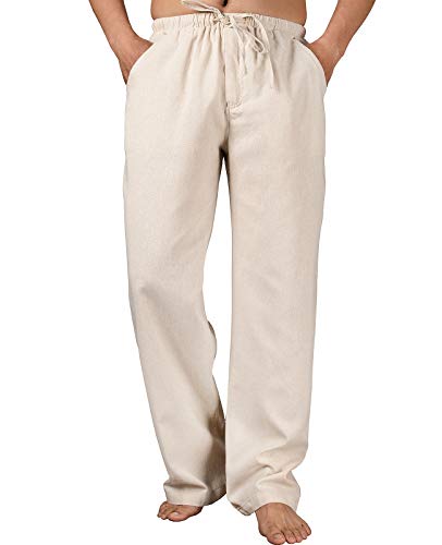 ThCreasa Mens Casual Elastic Waist Drawstring Pants Cotton Linen Baggy Lounge Pants Beach Trousers with Pockets, Khaki, Large