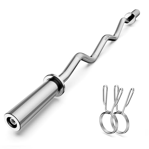 Olympic EZ Curl Barbell Bar 47″, 2-Inch Curl Bar for Weight Lifting,Hip Thrusts,Squat,Biceps-Home Gym Weight Bar, Chrome Curling Bar for 2 Inch Weight Plates -2 Spring Collars(500lb Weight Capacity)