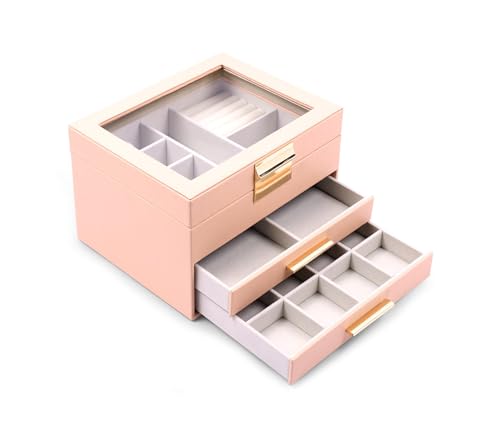 Image of BucketList Luxury PU Leather Jewellery Organizer Box with Glass Top | Multi-Drawer Jewelry Storage Case with Ring Slots & Compartments | Elegant Lockable (2 Drawers Jewellery Box (Pink))