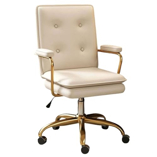 Silla De Oficina De Cuero, Sillas De Oficina De Estilo Moderno De Mediados De Siglo, Sillas Giratorias Y Cómodas con Asiento Amplio Tapizado, Patas Doradas Y Reposabrazos, para El Hogar Y La Oficina