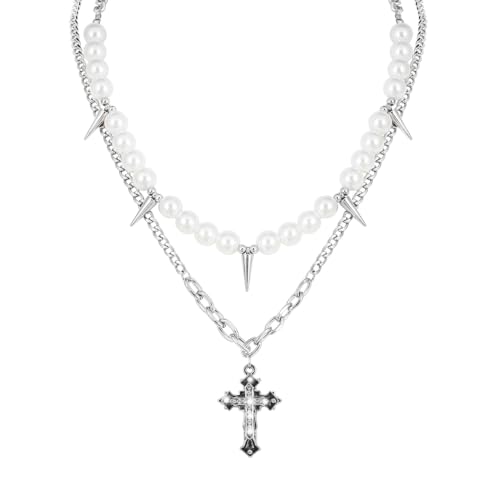 Eigso Pearl Necklace for Women Stainless Steel Silver Necklaces for Woman Gothic Cross Pendant Necklace for Woman Man
