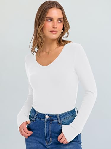 Image of ANRABESS Long Sleeve V Neck Shirts for Women | Soft Comfy Ribbed Knit Fitted Tshirts, Casual Going Out Tops, 2026 Trendy Basic, Fall Winter Underscrub Layering Clothes