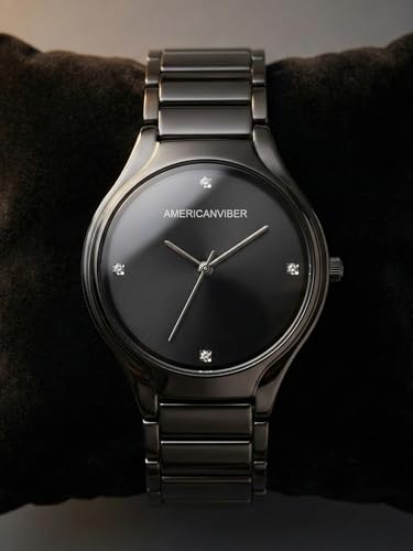 Image of AMERICANVIBER Men's Minimalist Watch, Silver Stainless Steel, White Dial with Crystal Accents, Analog Quartz Movement, Date Window For Men