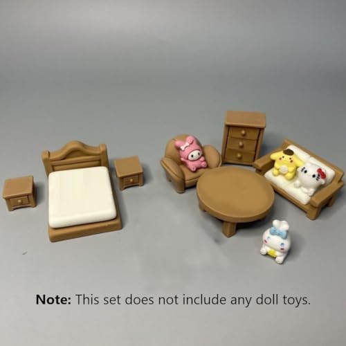 KARLOR Puppenhaus Möbel Set, 7 Stück Puppenmöbel Sofa Bett Nachttisch Schrank Sessel Tisch, Puppenhaus Zubehör Deko 1:12 Puppenhaus Wohnzimmer Schlafzimmer Balkon Miniatur Möbel Dollhouse