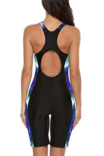 Beautyin Women'S Boyleg Unitard Swimsuits Racerback Athletic One Piece Bathing Suits Knee Length Bodysuits Blue Green Print Large thumb #2