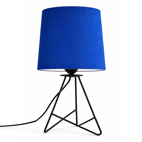 Image of Modern Black Tripod Table Lamp with Taper Fabric Shade | Metal Base Bedside Lamp for Bedroom, Living Room, Study, Office & Nightstand | Decorative Table Light (Blue)
