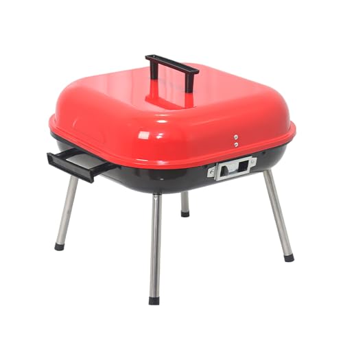 Portable Charcoal BBQ Grill, Red, Steel Construction, 14x17.13x14.76 Inch, Food Grade Baking Net, Four Legged Stand, Outdoor Cooking