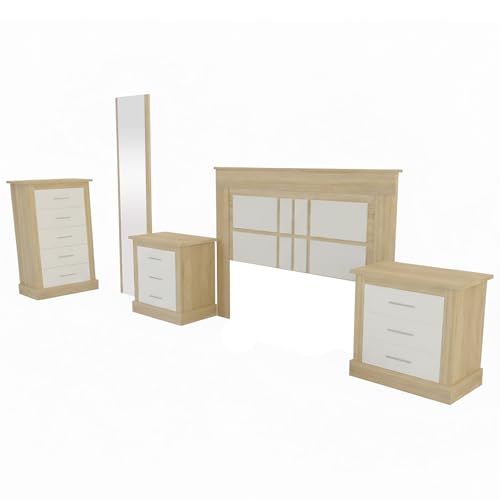 amuéblate Online - Pack Dormitorio Matrimonio Completo Florida con Cabecero + 2 Mesitas de Noche + Sinfonier + Espejo Mural | Colores Cambria-Blanco